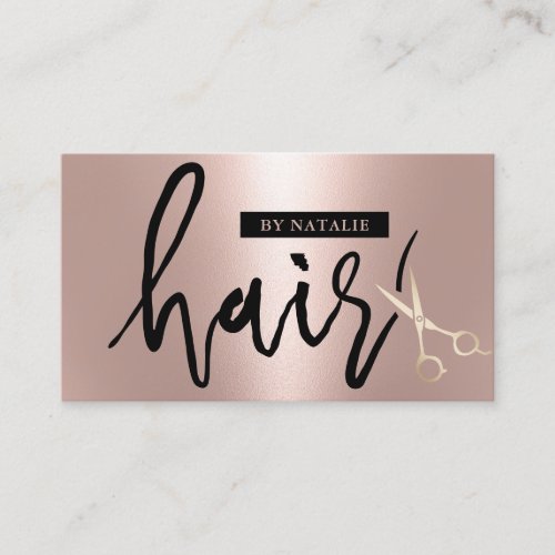 Modern Rose Gold Hair Stylist Script Scissor Salon Business Card