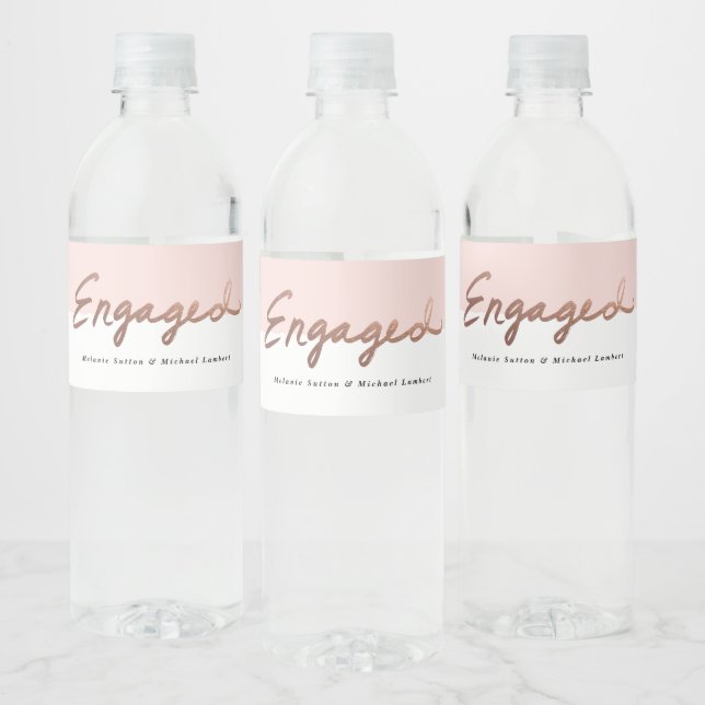 Modern Rose Gold Handwritten Engaged Water Bottle Label (Bottles)