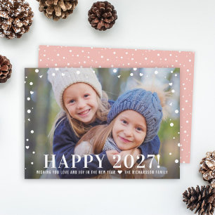 Modern Rose Gold Happy 2027 Confetti Photo Holiday Card
