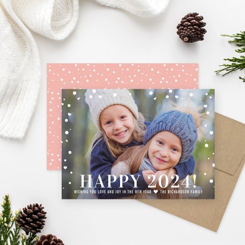 Modern Rose Gold Happy New Year 2024 Photo Holiday Card