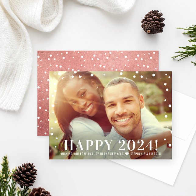 Modern Rose Gold Happy New Year 2024 Photo Holiday Card (Creator Uploaded)