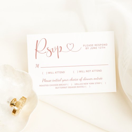 Modern Rose Gold Heart Calligraphy Script Wedding RSVP Card
