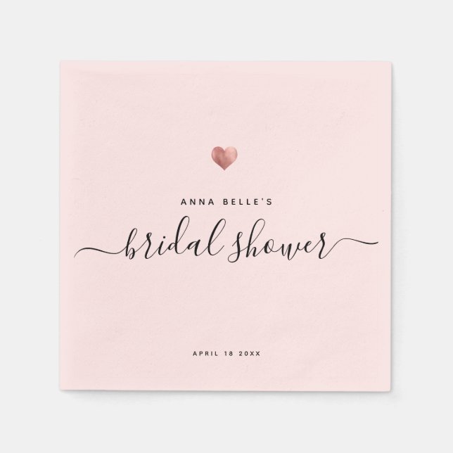 Modern Rose Gold Heart Chic Script Bridal Shower Napkins (Front)