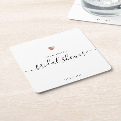 Modern Rose Gold Heart Chic Script Bridal Shower Square Paper Coaster