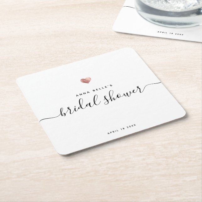 Modern Rose Gold Heart Chic Script Bridal Shower Square Paper Coaster (Angled)