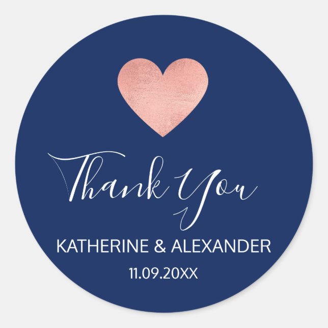 Modern Rose Gold Heart Navy Blue Wedding Seals (Front)