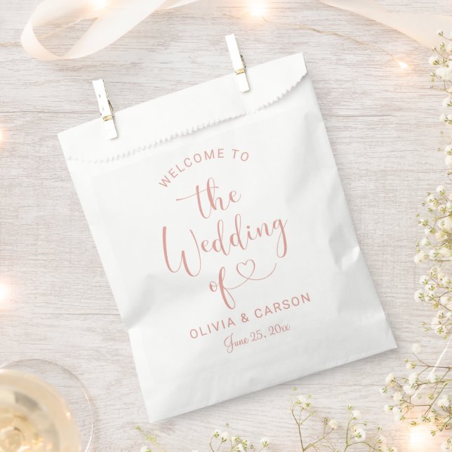 Modern Rose Gold Heart Script Wedding Welcome Favor Bag (Clipped)