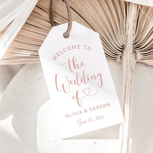 Modern Rose Gold Heart Script Wedding Welcome Gift Tags