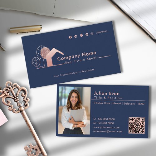 Modern Rose Gold House Logo Photo Navy Realtor Business Card