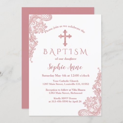 Modern Rose Gold Lace Cross Girl Baptism Invitation