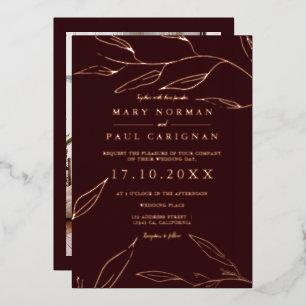 Modern rose gold leaf foliage red chic wedding foil invitation