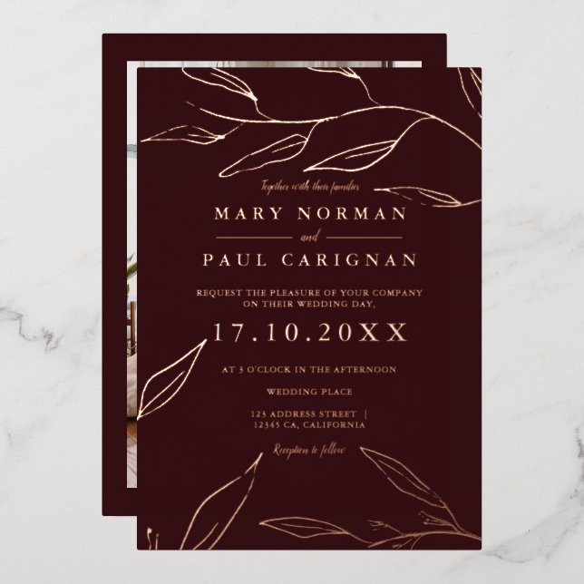 Modern rose gold leaf foliage red chic wedding foil invitation (Front/Back)