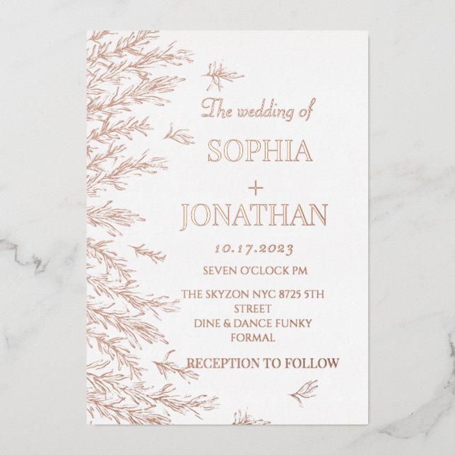 Modern rose gold leaves wedding invitation foil invitation (Front)