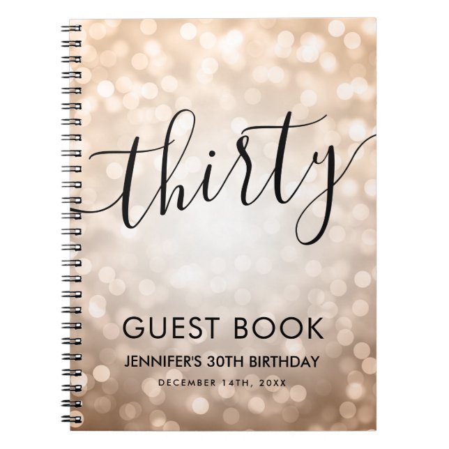 Modern Rose Gold Lights 30th Birthday GUEST BOOK (Front)