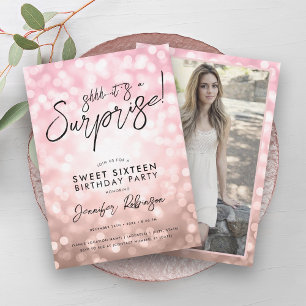 Modern Rose Gold Lights Photo Surprise Sweet 16 Invitation