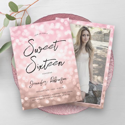 Modern Rose Gold Lights Photo Sweet 16 Party Invitation