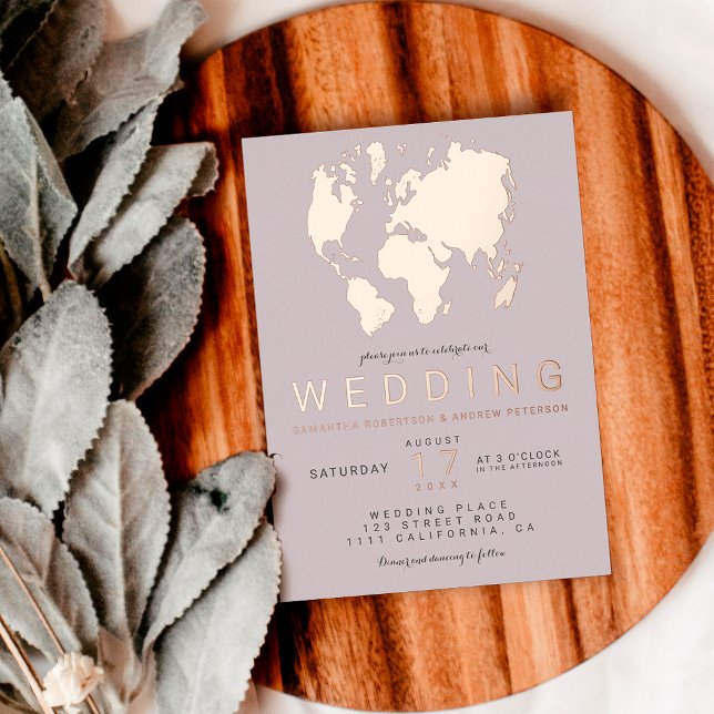 Modern rose gold lilac world map wedding photo foil invitation (Creator Uploaded)