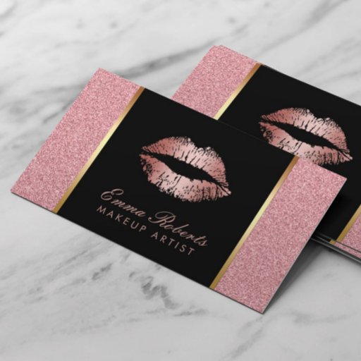 Customizable Makeup Artist Rose Gold Glitter Lips Modern Salon Business Card