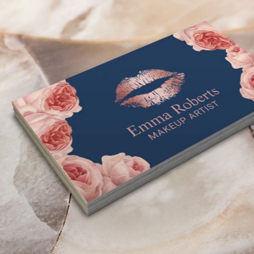 Modern Rose Gold Lips Floral Makeup Artist Navy Business Card