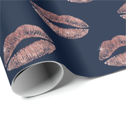 Modern Rose Gold Lips Print Navy Blue Wrapping Paper
