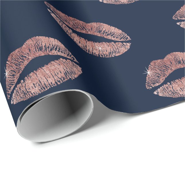 Modern Rose Gold Lips Print Navy Blue Wrapping Paper (Roll Corner)