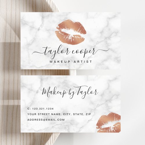 Modern rose gold lips white marble makeup artist  business card