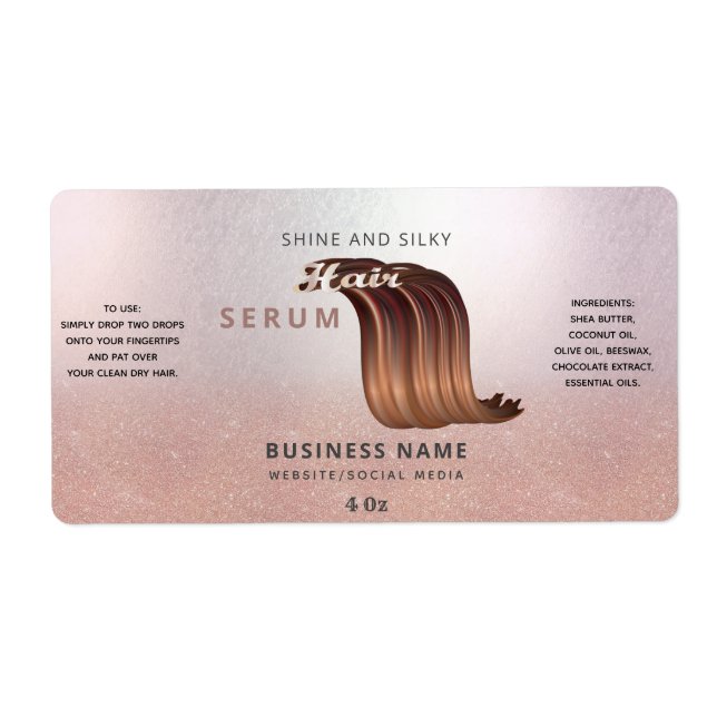 Modern rose gold litter ombre  hair serum label (Front)