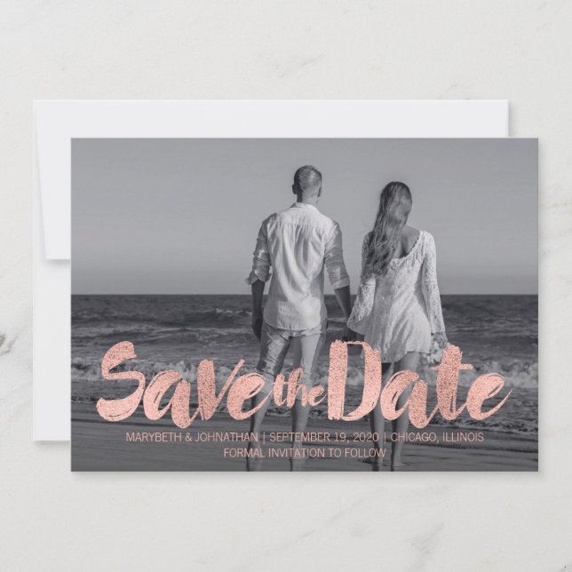 Modern Rose Gold Love Save The Date Photo Card (Front)
