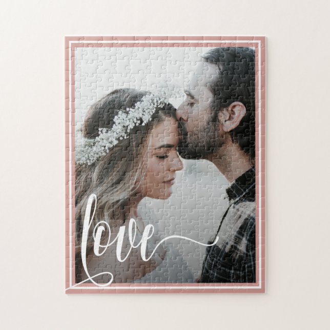Modern Rose Gold Love Script Photo Valentine's Day Jigsaw Puzzle (Vertical)