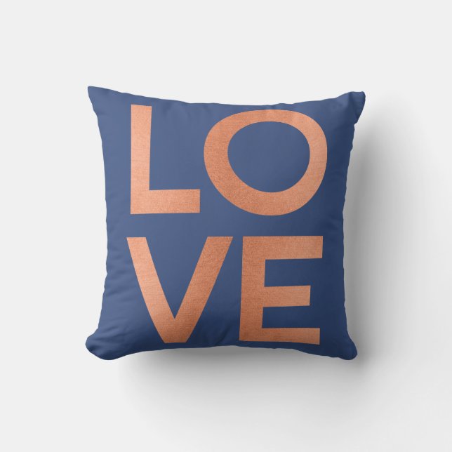 Modern Rose Gold Love Typography Blue Gray Throw Pillow (Front)