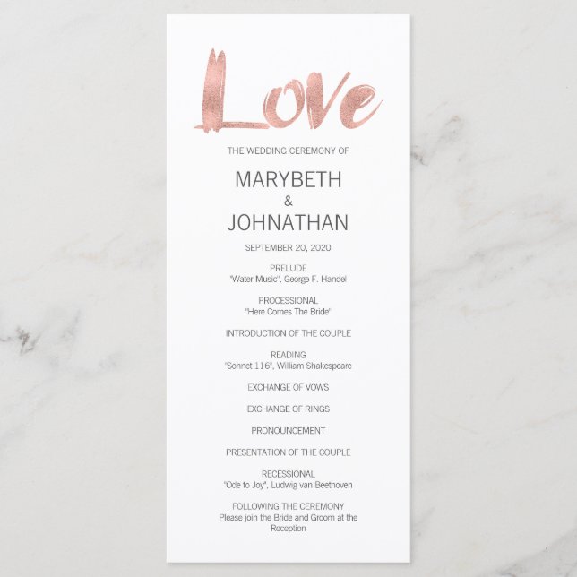 Modern Rose Gold Love Wedding Program (Front)