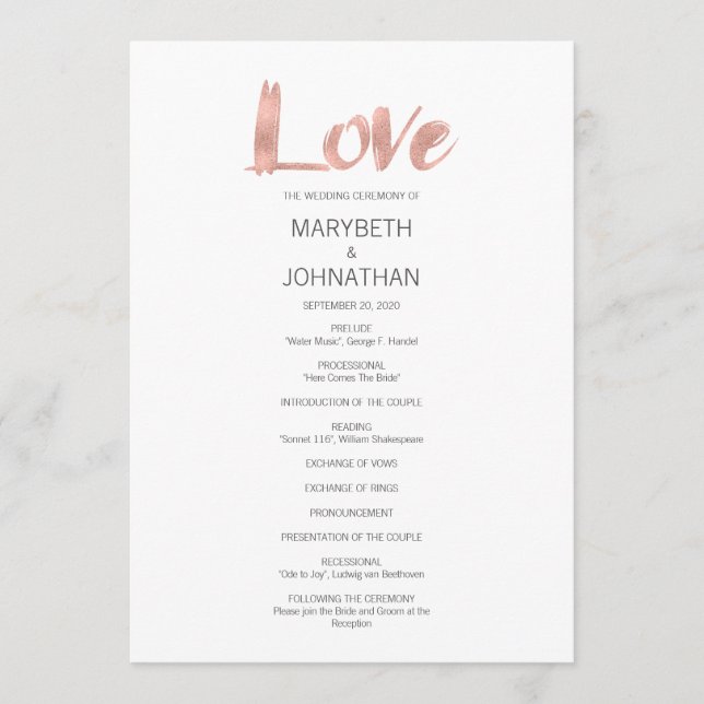 Modern Rose Gold Love Wedding Program (Front)