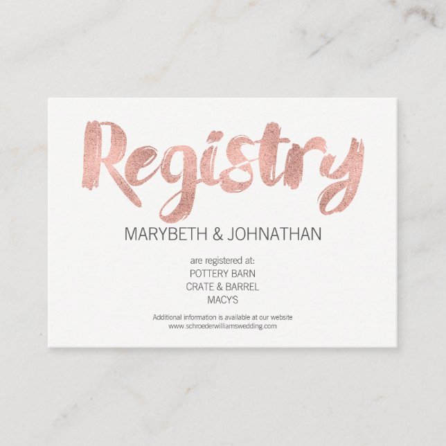 Modern Rose Gold Love Wedding Registry Card (Front)