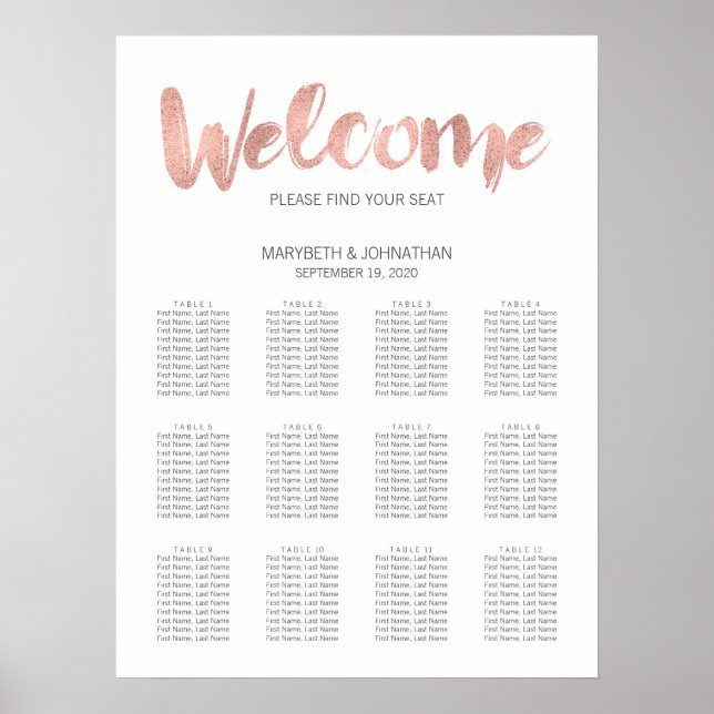 Modern Rose Gold Love Wedding Seating Chart (Front)