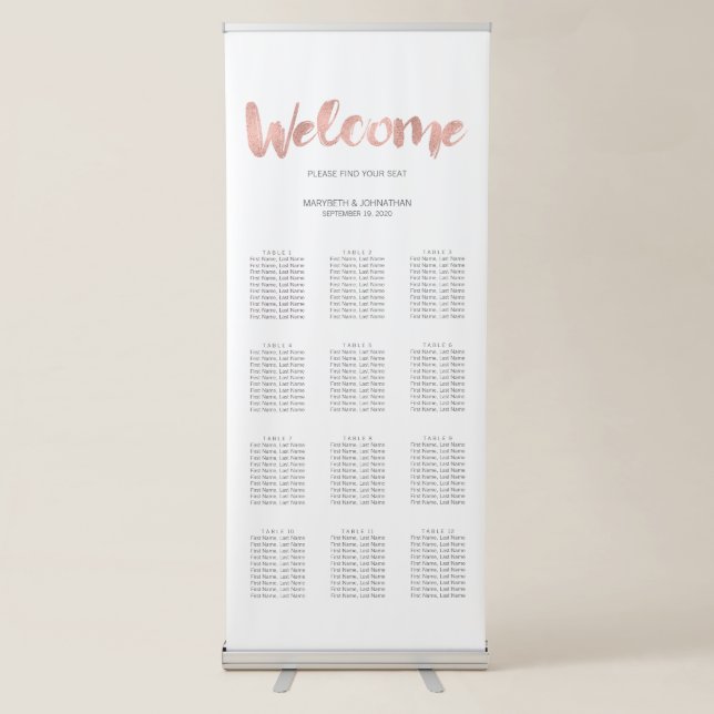 Modern Rose Gold Love Wedding Seating Chart Retractable Banner (Front)