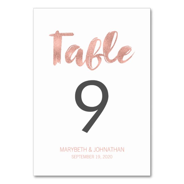 Modern Rose Gold Love Wedding Table Number Card (Front)
