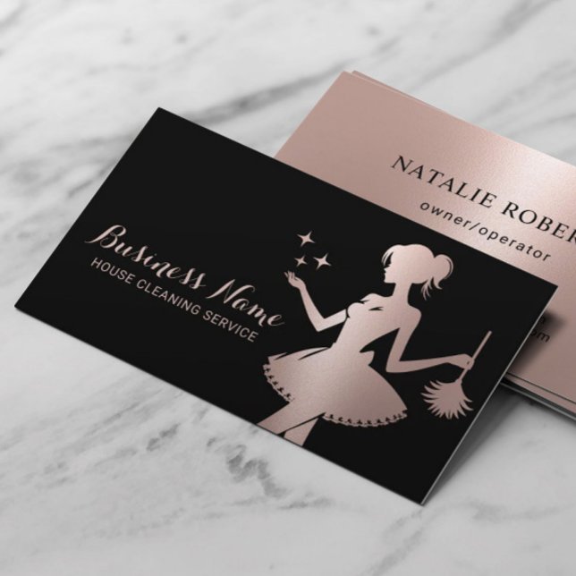 Modern Rose Gold Maid House Cleaning Service Business Card (Creator Uploaded)