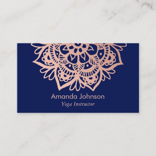 Modern Rose Gold Mandala Dark Blue Yoga Instructor Business Card