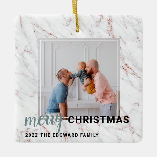 Modern rose gold marble blue Christmas photo  Ceramic Ornament