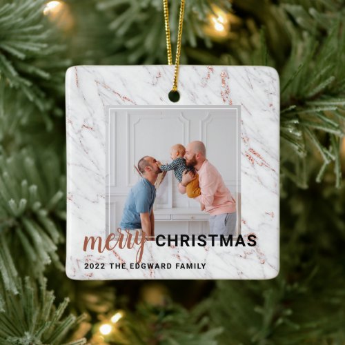 Modern rose gold marble boho Christmas photo Ceramic Ornament