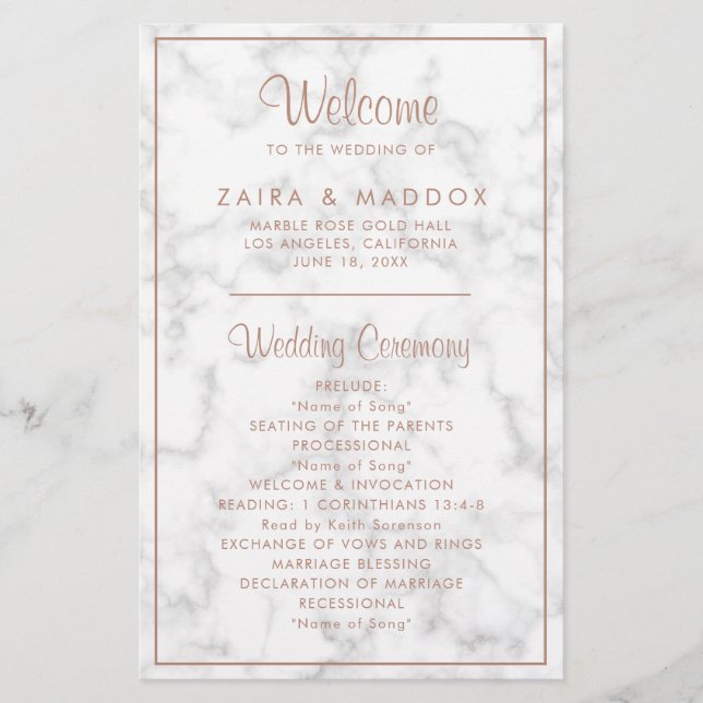 Modern Rose Gold Marble Budget Wedding Program Flyer (Front)