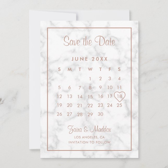Modern Rose Gold Marble Calendar Wedding Save The Date (Front)
