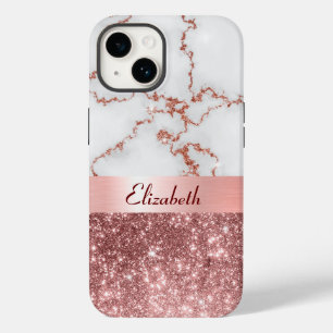 Modern Rose Gold Marble Faux Glitter Monogram Case-Mate iPhone 14 Case