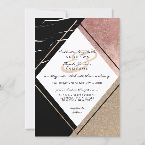 Modern Rose Gold Marble Geometric Triangle Wedding Invitation