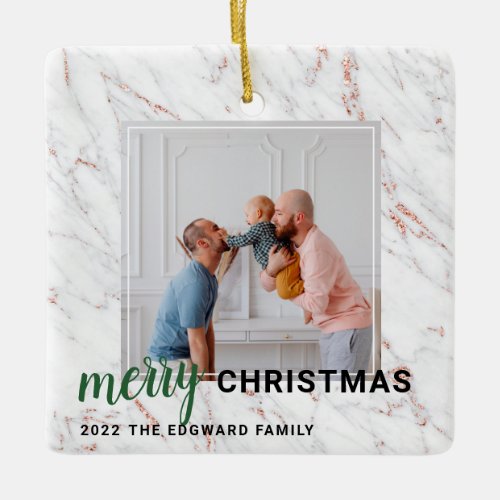 Modern rose gold marble green Christmas photo Ceramic Ornament