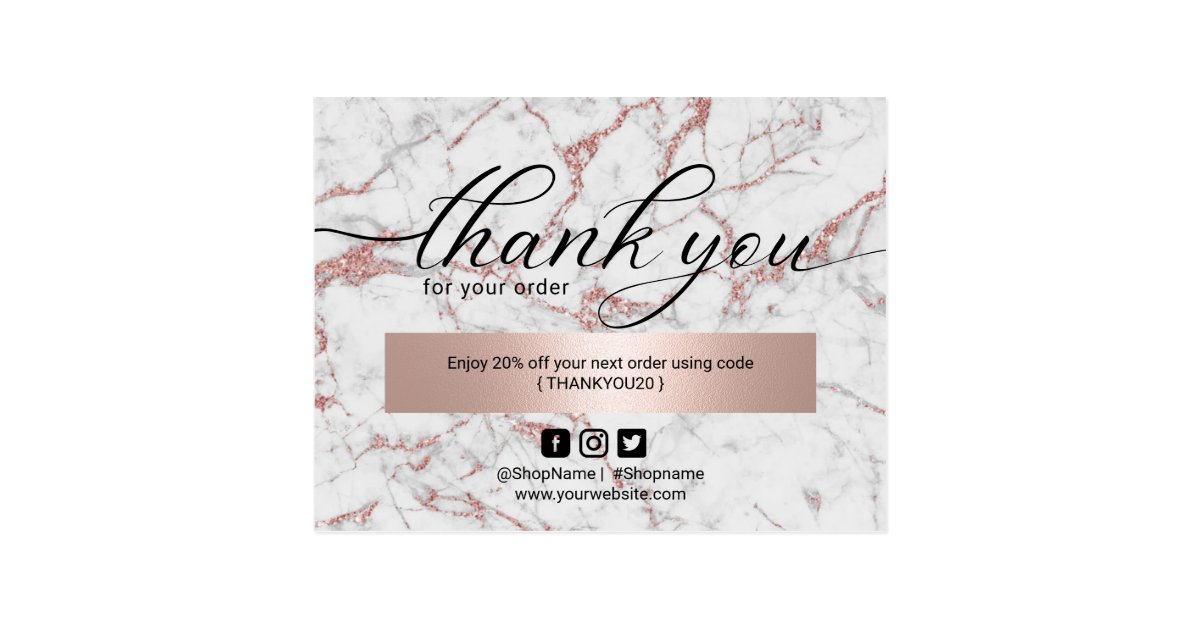 Modern Rose Gold Marble Order Thank You Postcard | Zazzle