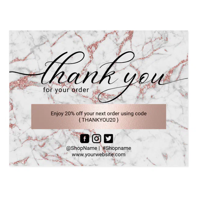 Modern Rose Gold Marble Order Thank You Postcard | Zazzle