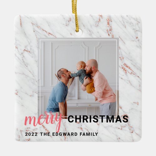 Modern rose gold marble pink Christmas photo Ceramic Ornament