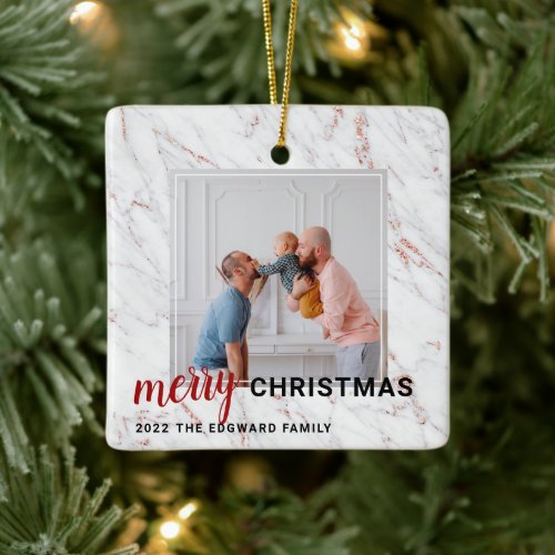 Modern rose gold marble red Christmas photo Ceramic Ornament