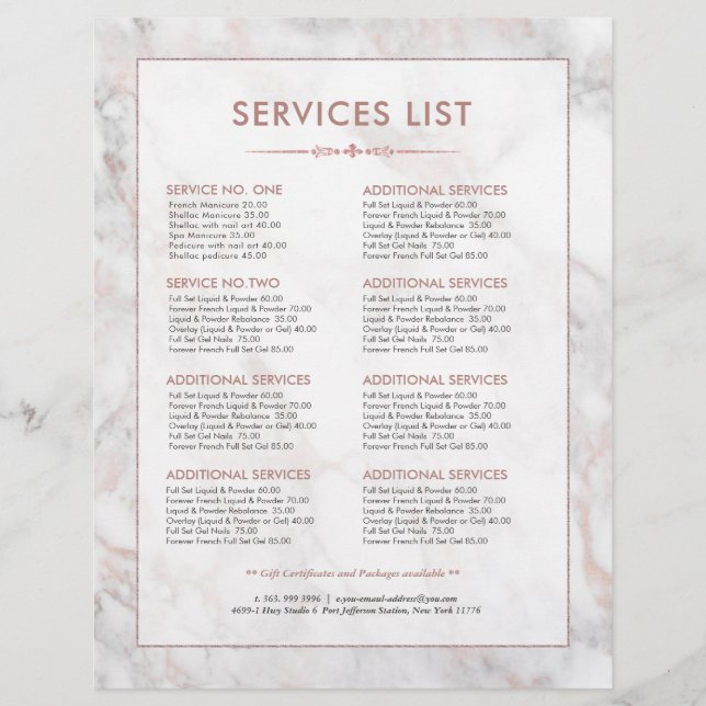 Modern Rose-Gold Marble Services Price List Flyer (Front)